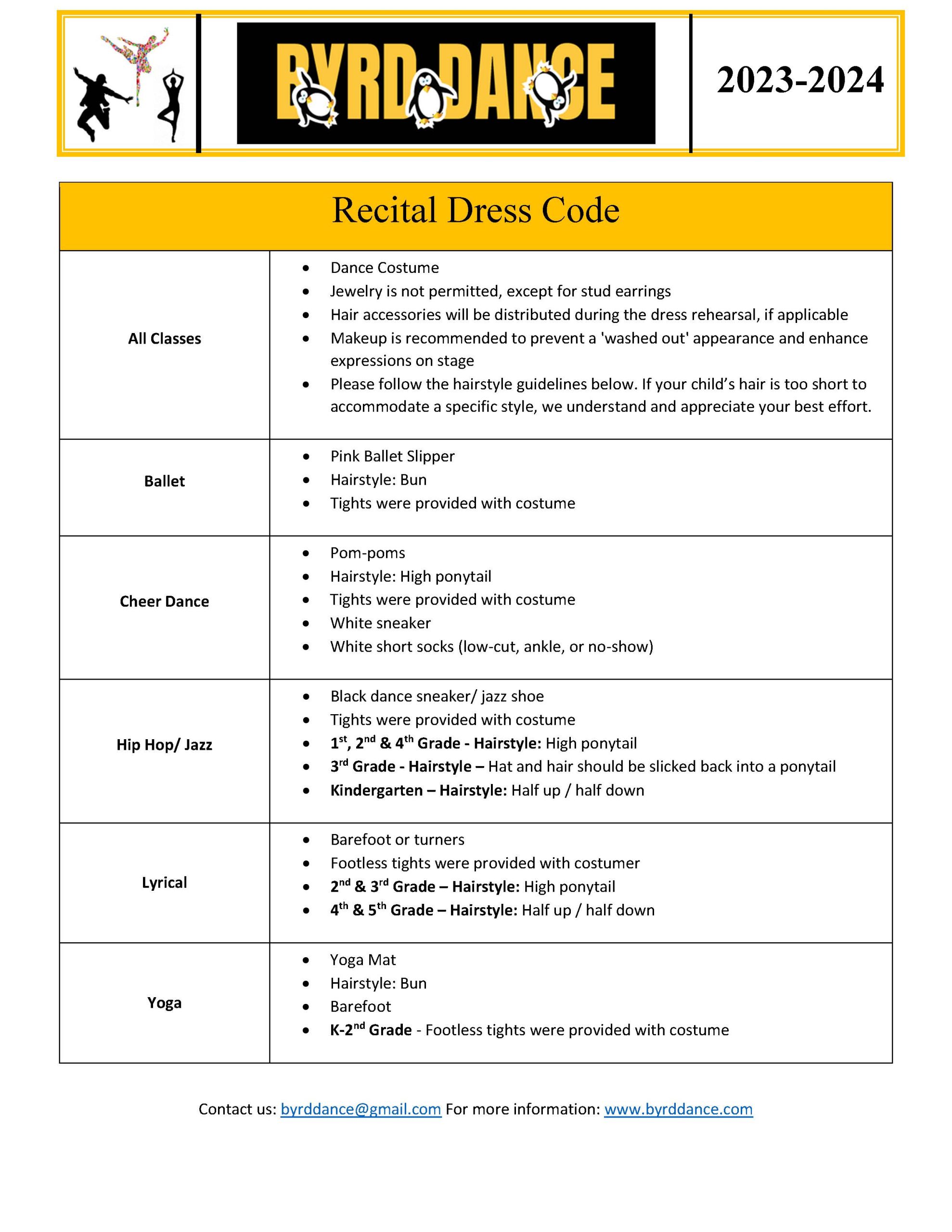 Byrd Dance Recital Performance Dress Code 2024